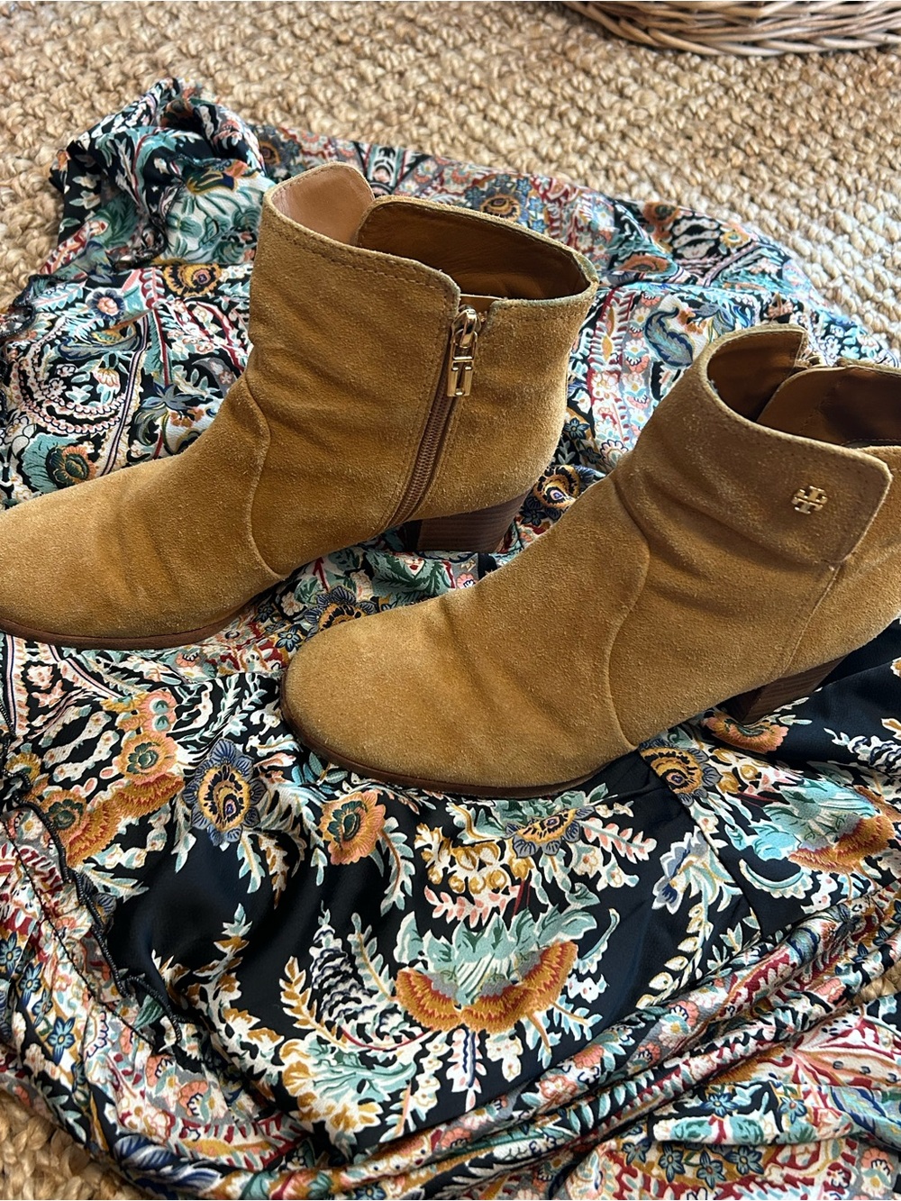 Tory Burch Camel Suede Ankle Booties with Side Zip
